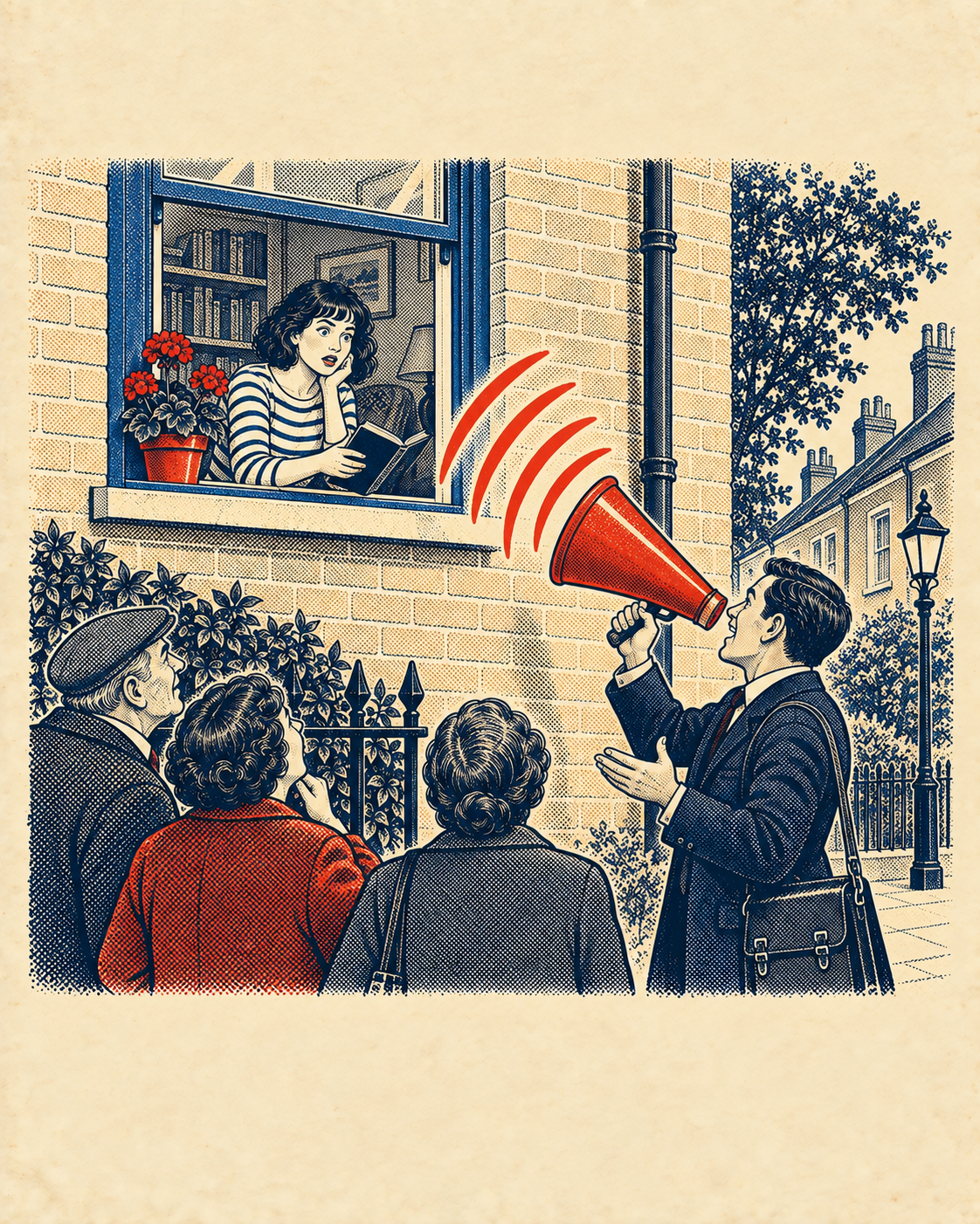 The official gathers neighbours and conducts a loud megaphone consultation under her window.