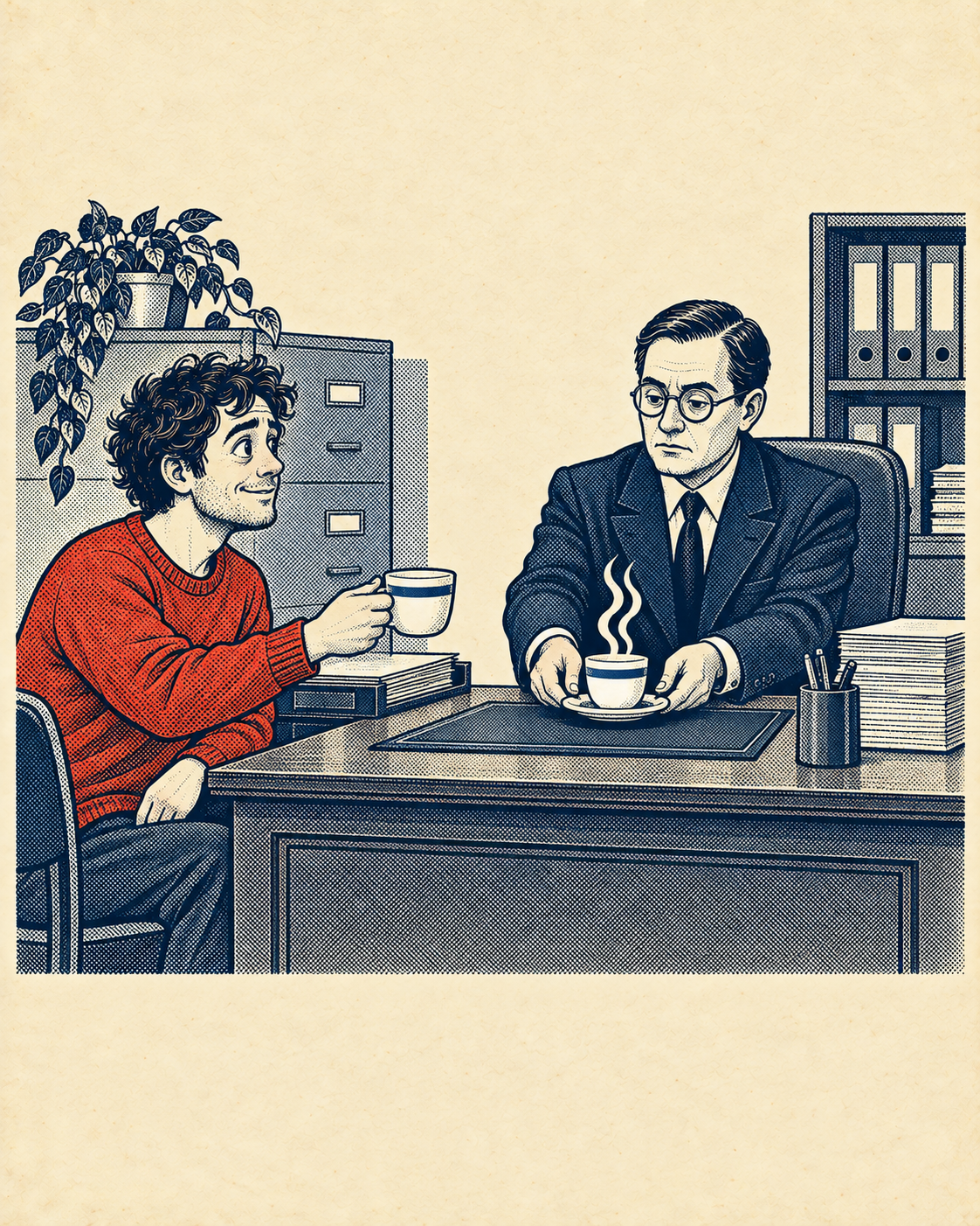 A clerk offers steaming replacement tea to a customer holding a cold cup.