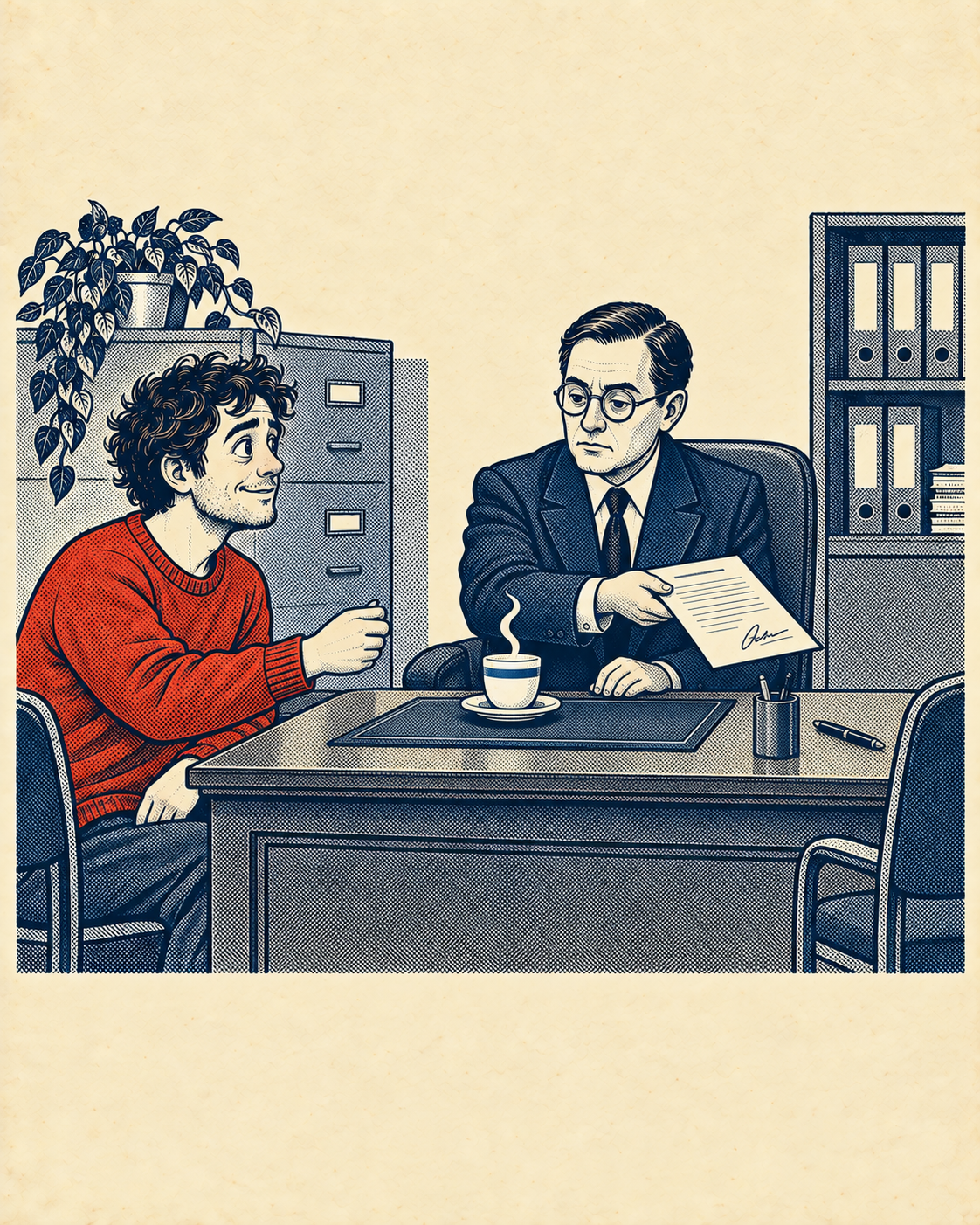 The clerk awaits a second signature while the replacement tea cools beside an empty chair.