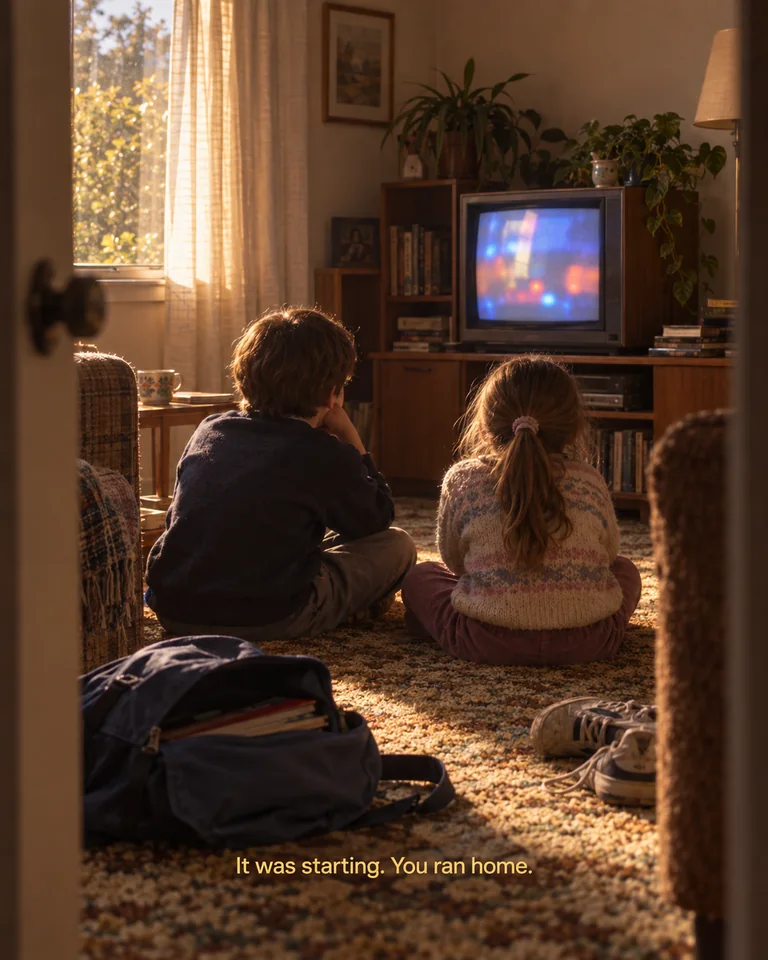 AI-created imagined scene. Two children sit on a patterned carpet watching a small CRT television in a sunlit room, with a school bag nearby. Yellow subtitle: “It was starting. You ran home.”