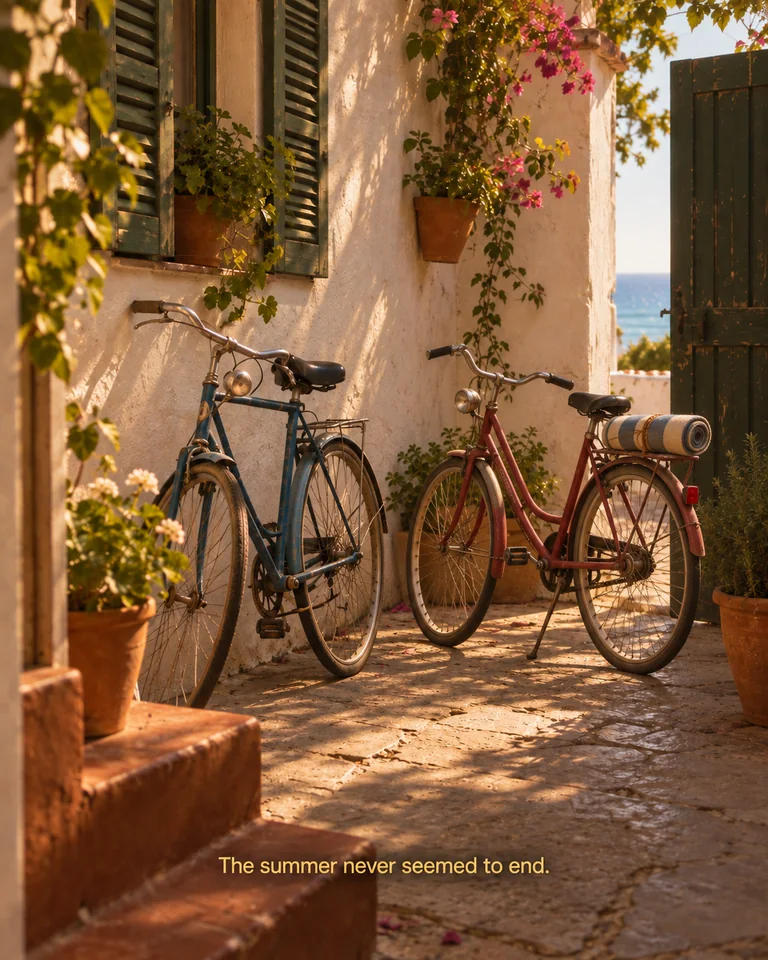 AI-created imagined scene. Two bicycles wait beside a whitewashed courtyard wall and an open gate in an imagined Nerja summer. Yellow subtitle: “The summer never seemed to end.”