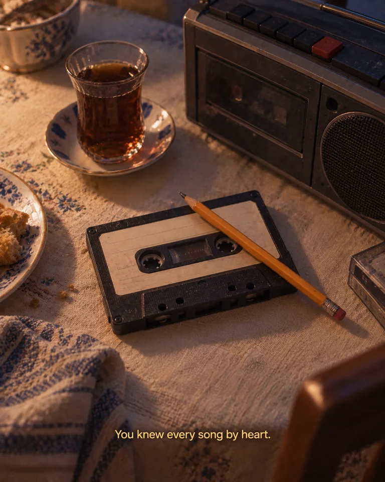 AI-created imagined scene. A blank-labelled cassette, pencil and tea glass lie beside a radio-cassette recorder. Yellow subtitle: “You knew every song by heart.”