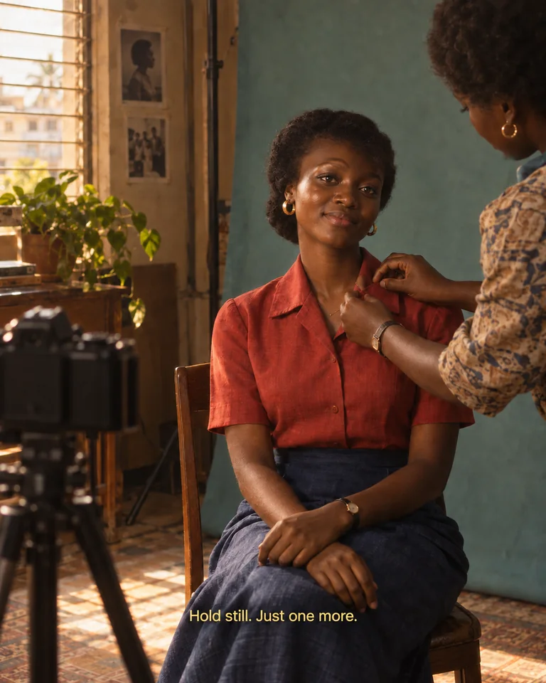 AI-created imagined scene. A woman sits for a studio portrait while a companion gently straightens her collar; a film camera waits nearby. Yellow subtitle: “Hold still. Just one more.”