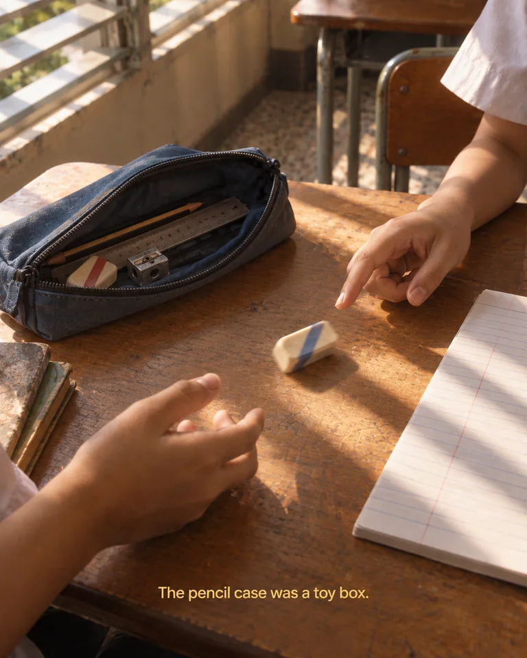 AI-created imagined scene. Hands flick an eraser beside an open pencil case on a sunlit school desk. Yellow subtitle: “The pencil case was a toy box.”