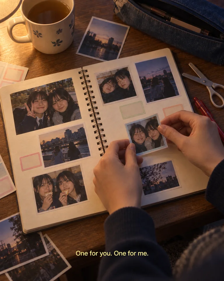 AI-created imagined scene. Hands arrange a portrait of two fictional friends in an album of shared photographs. Yellow subtitle: “One for you. One for me.”