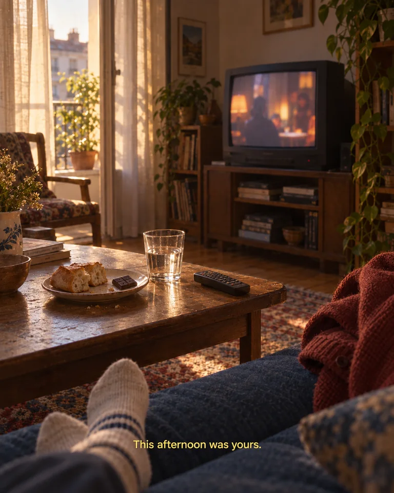 AI-created imagined scene. A snack and television remote rest on a low table while a softly glowing CRT fills the background. Yellow subtitle: “This afternoon was yours.”