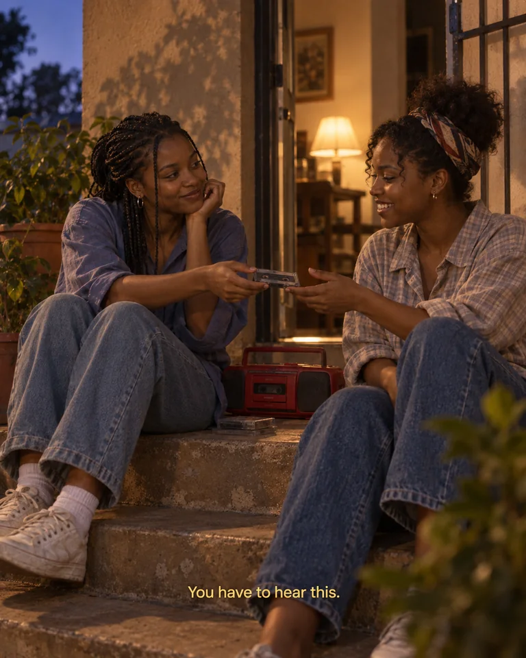 AI-created imagined scene. Two young adults share a cassette on a shaded stoop, with a portable player resting between them. Yellow subtitle: “You have to hear this.”