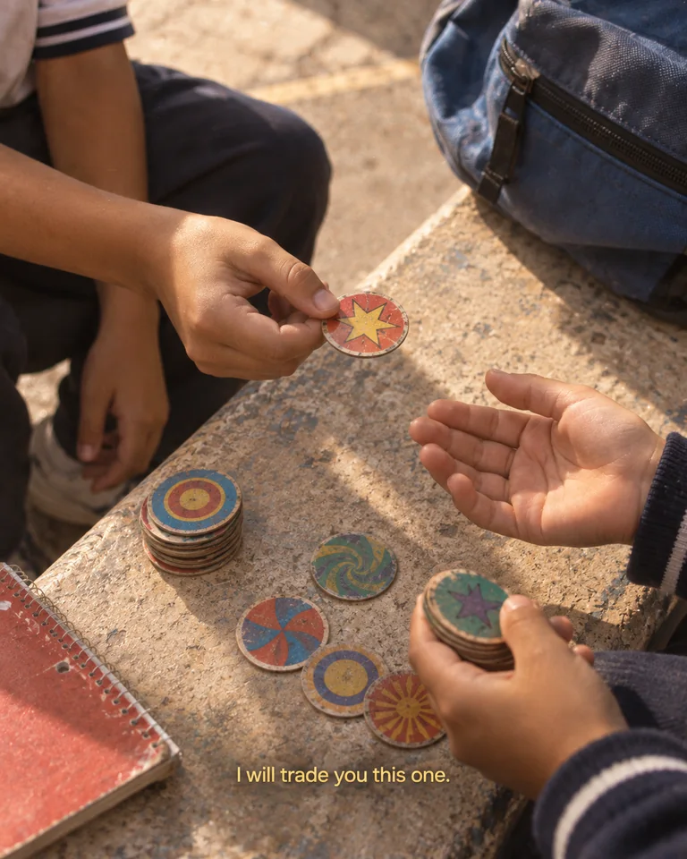 AI-created imagined scene. Young people trade colourful collectible discs beside a notebook and school bag. Yellow subtitle: “I will trade you this one.”