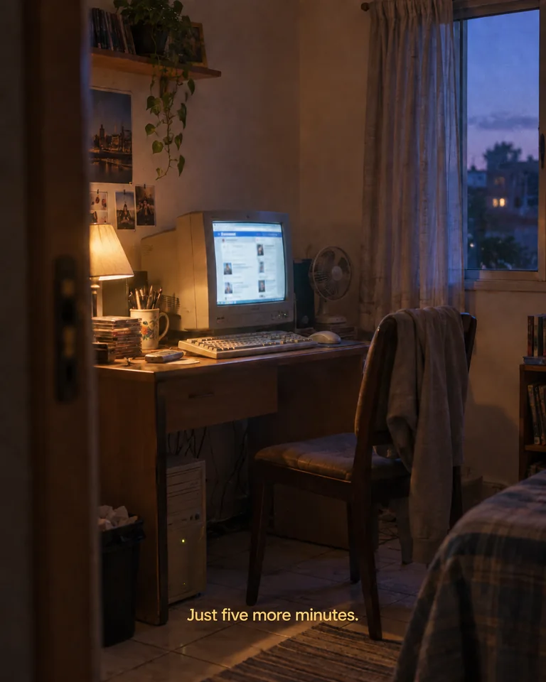 AI-created imagined scene. An empty chair faces a beige CRT computer in a lamplit room, with blue dusk beyond the window. Yellow subtitle: “Just five more minutes.”