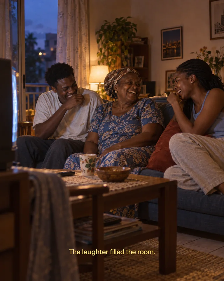 AI-created imagined scene. Three family members laugh together in an imagined Abidjan sitting room, beside a television. Yellow subtitle: “The laughter filled the room.”