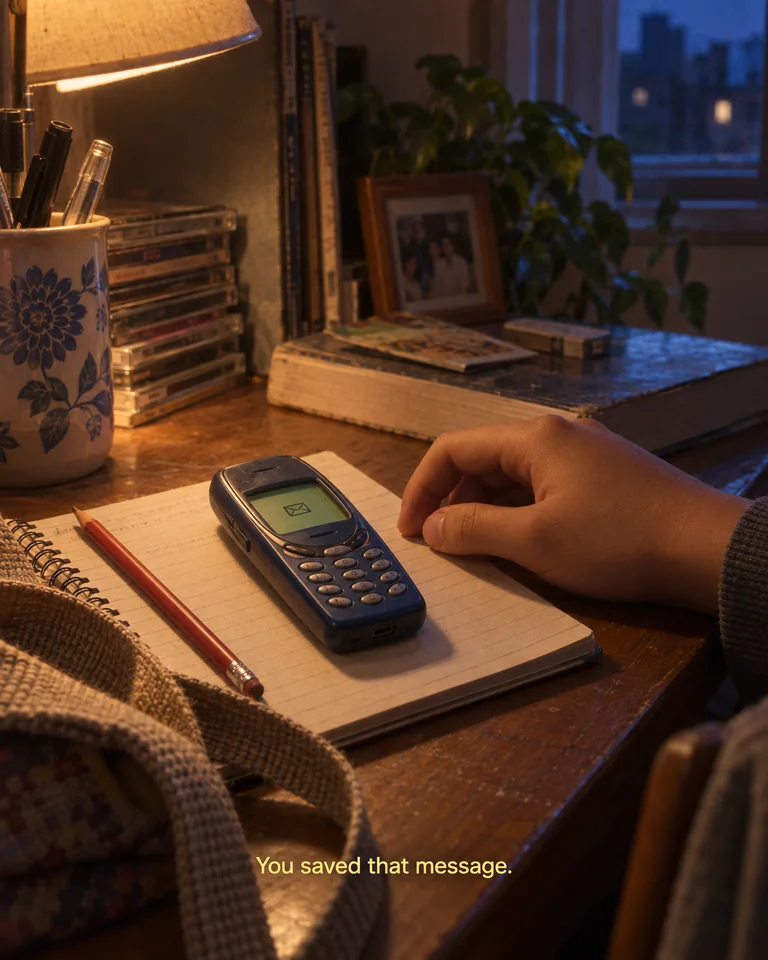 AI-created imagined scene. A small blue keypad phone with an envelope icon rests on a notebook in warm lamplight. Yellow subtitle: “You saved that message.”