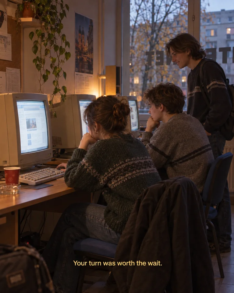 AI-created imagined scene. A small internet café has three beige computers, two seated users and a friend waiting beside them. Yellow subtitle: “Your turn was worth the wait.”
