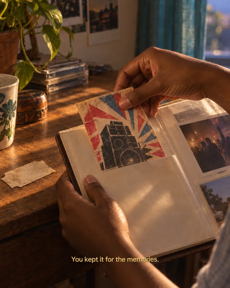 AI-created imagined scene. A hand carefully places a brightly coloured, fictional dance flyer inside an album. Yellow subtitle: “You kept it for the memories.”