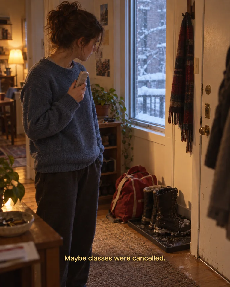AI-created imagined scene. A student holds a cordless phone beside packed bags and winter boots, with snow outside the window. Yellow subtitle: “Maybe classes were cancelled.”