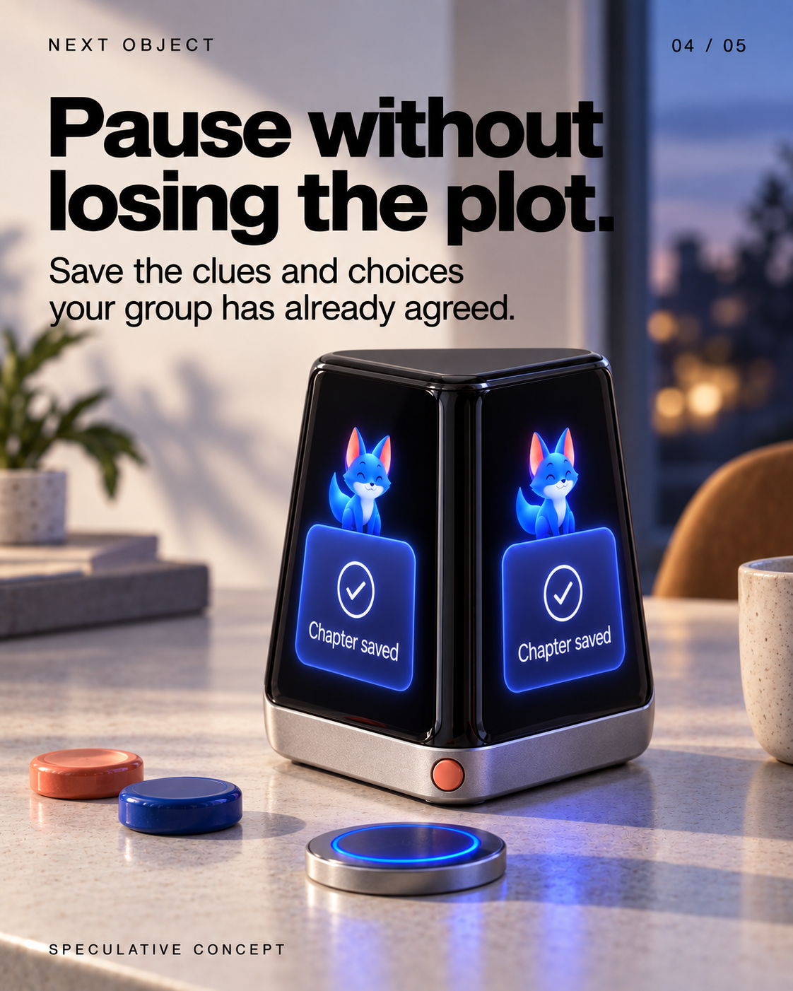 Pause without losing the plot.
Save the clues and choices your group has already agreed.
Screen: Chapter saved
SPECULATIVE CONCEPT