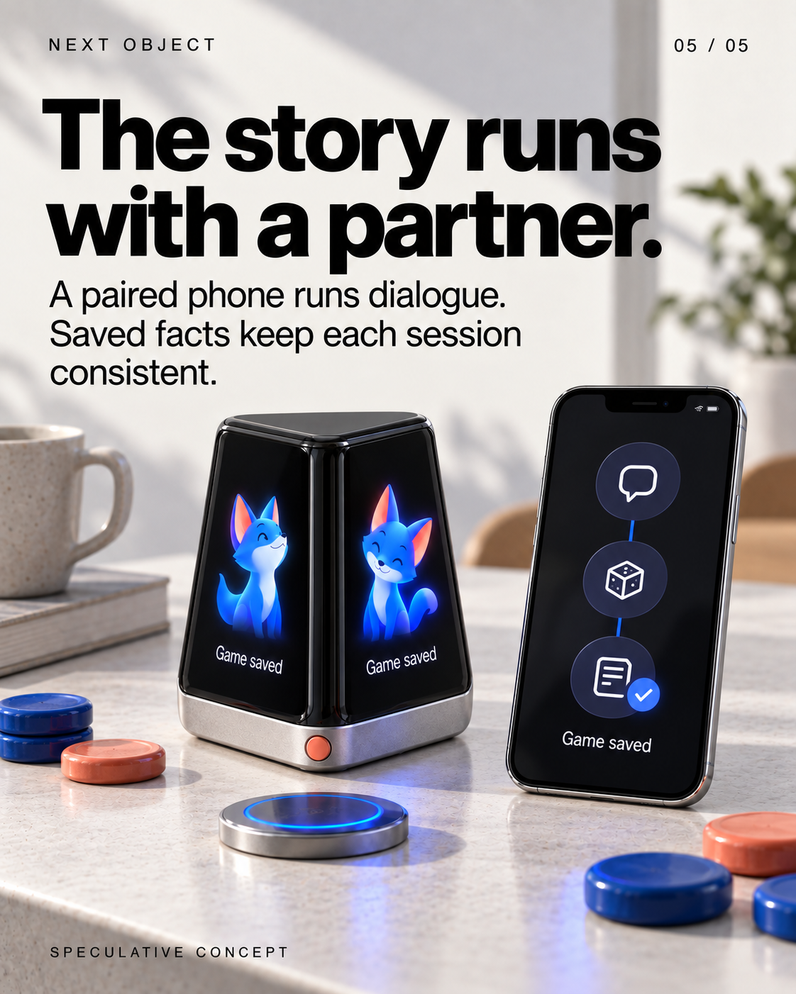 The story runs with a partner.
A paired phone runs dialogue. Saved facts keep each session consistent.
Screen: Game saved (on the device and phone)
SPECULATIVE CONCEPT