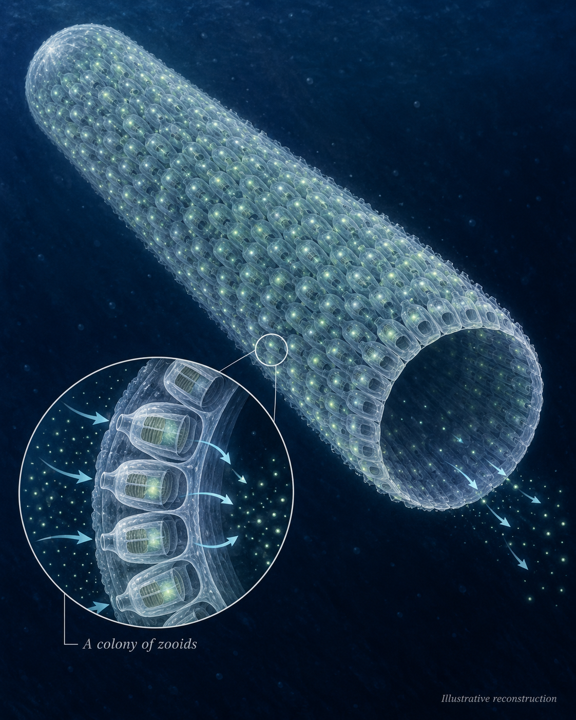 A pyrosome colony, illustrated with an enlarged view of the animals in its wall.
