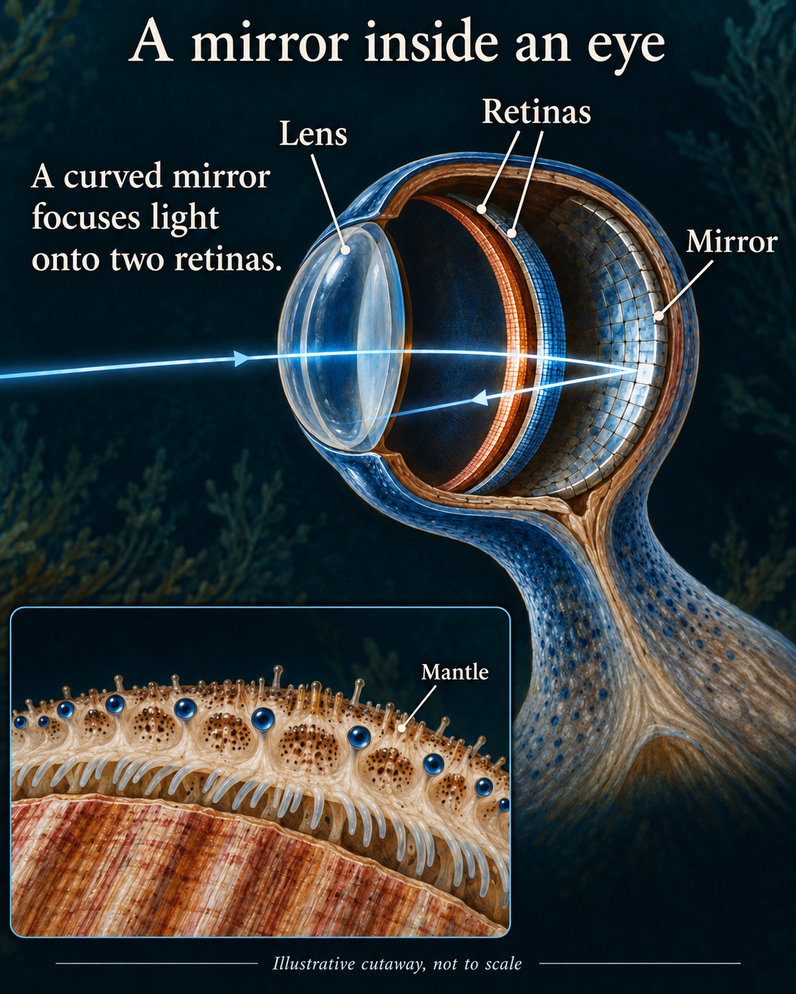 Illustrative cutaway of a scallop eye showing a curved mirror behind two retinal layers.