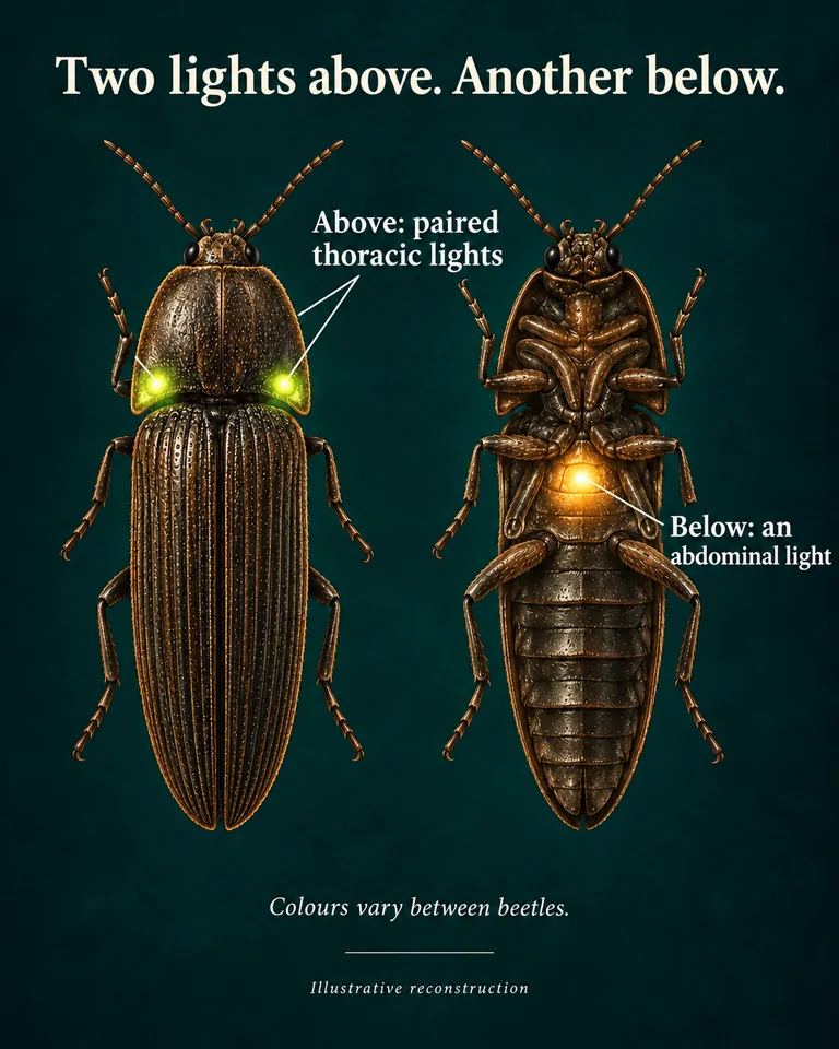 Two views of an elongated brown Jamaican click beetle: top view with paired green pronotal light organs behind the head and underside view with one amber light organ near the front of the abdomen.