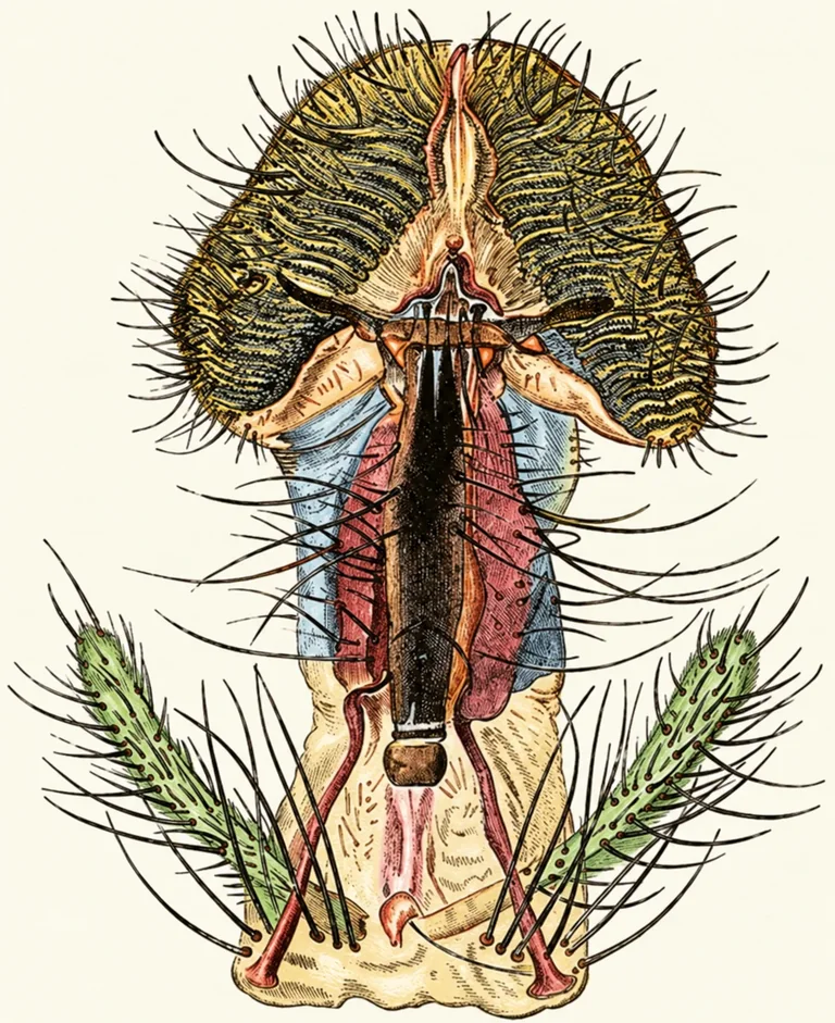 Remastered historic drawing of a blowfly’s expanded mouthparts and patterned feeding surface.