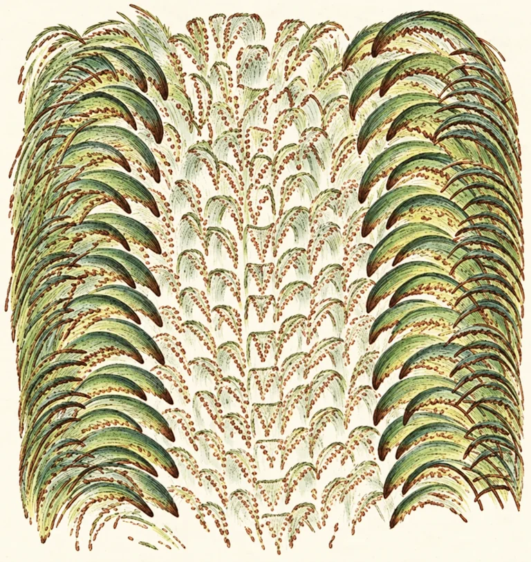 Remastered historic close-up of rows of curved teeth on a Trochus radula.