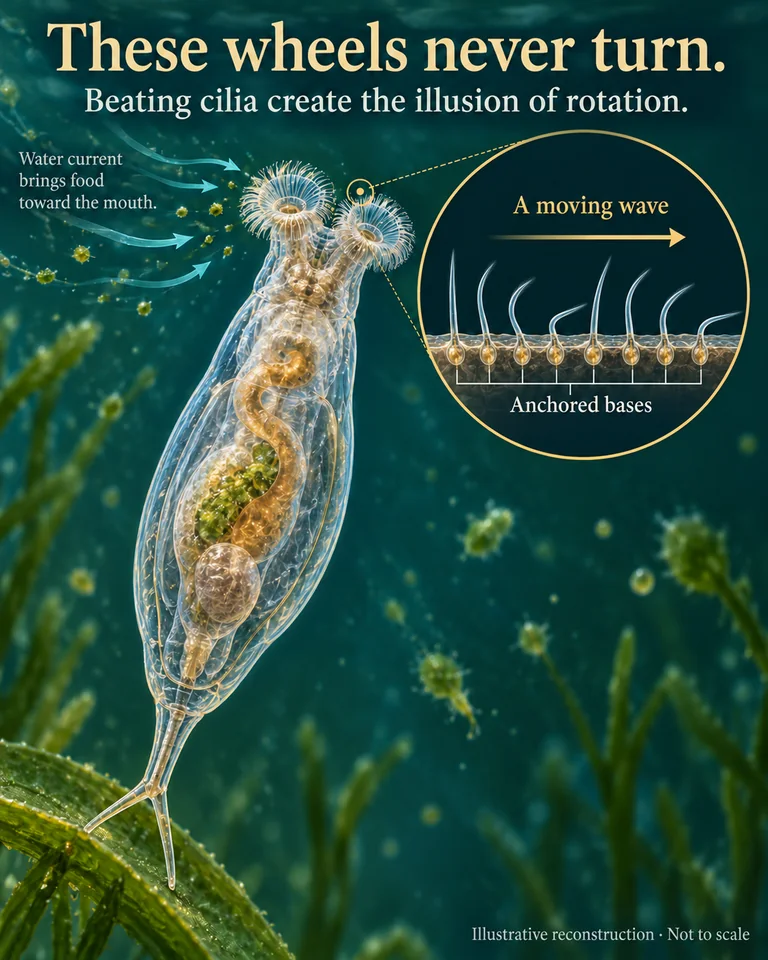 Transparent elongated rotifer with two ciliated crown discs, plus a magnified row of anchored cilia bending in successive phases.