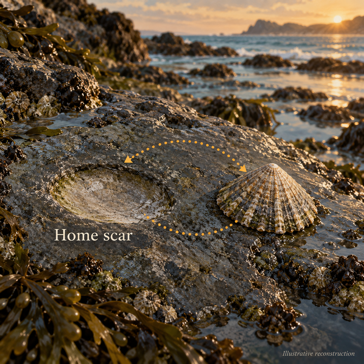 Illustration of a common limpet beside a shallow shell-shaped home scar on a wet rock, with a dotted loop suggesting an excursion and return.