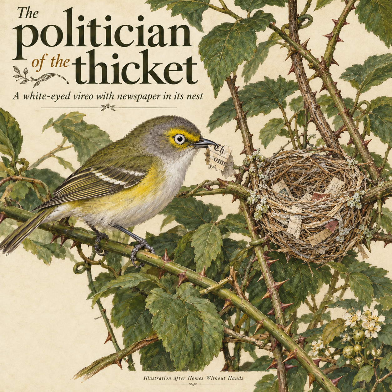 Illustrated white-eyed vireo carrying a small newspaper scrap beside its hanging cup nest.
