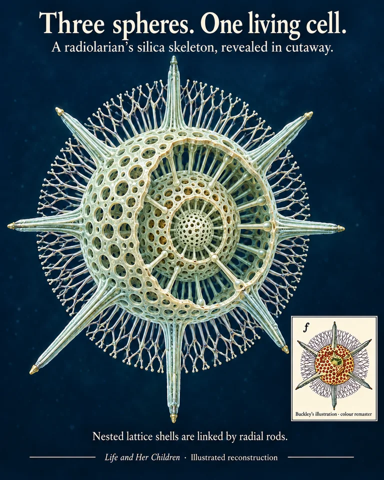 A cutaway of three concentric porous silica spheres connected by radial rods, with a small historical plate inset.