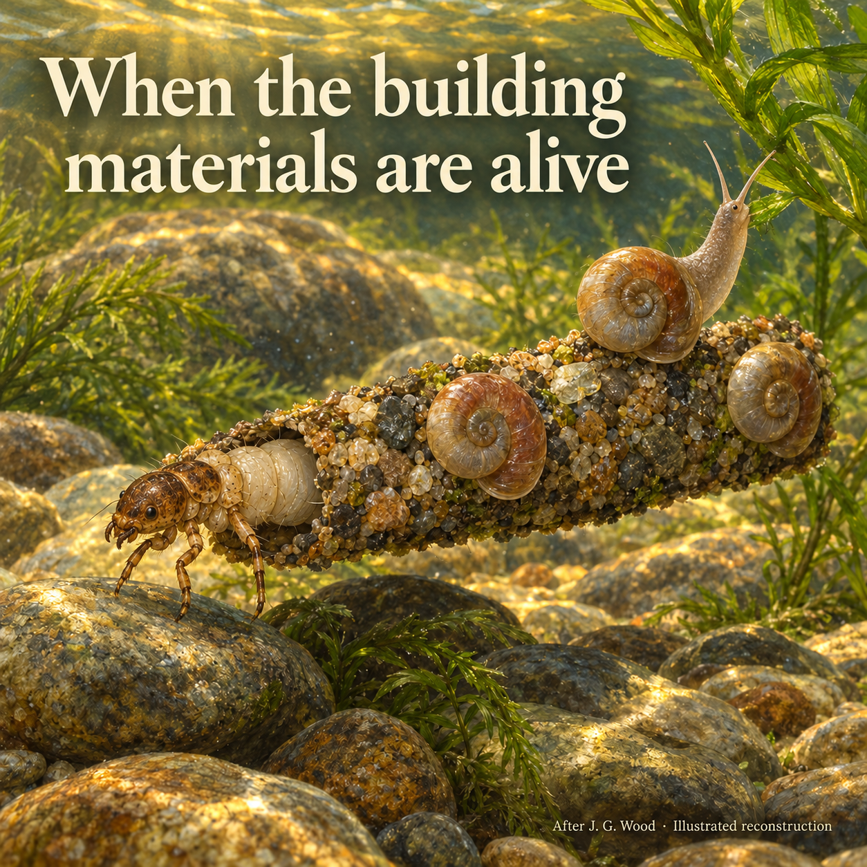 Illustrated underwater caddisfly larva emerging from a case bearing small living snails.