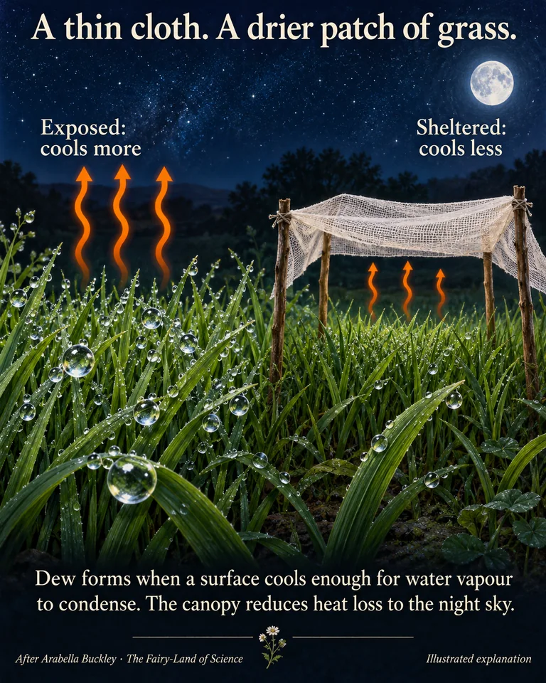 Nighttime comparison: exposed grass cools more and gathers dew; grass beneath raised muslin cools less and has fewer droplets.