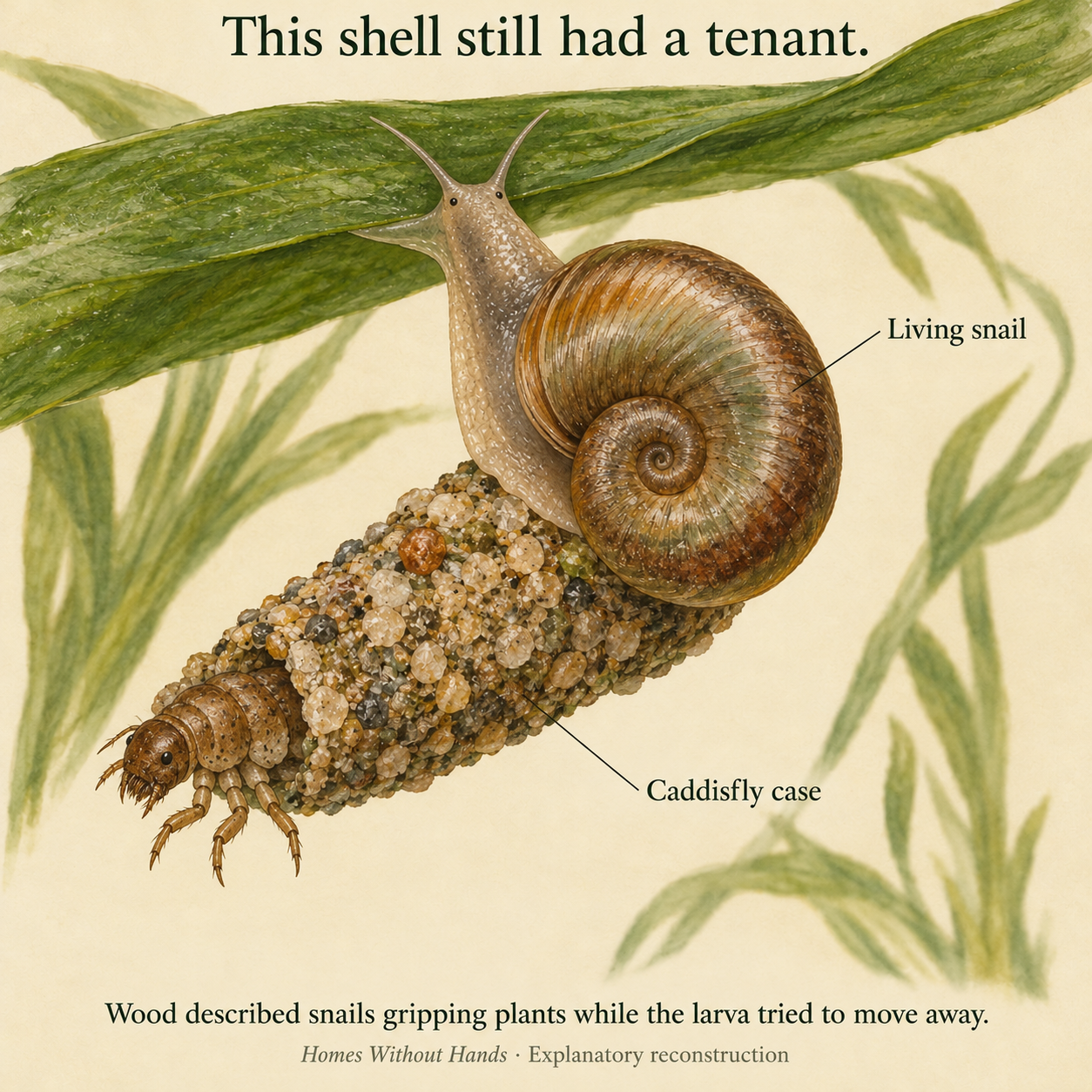 Explanatory close-up of a living snail attached to the outside of a larval case, its foot reaching a plant.