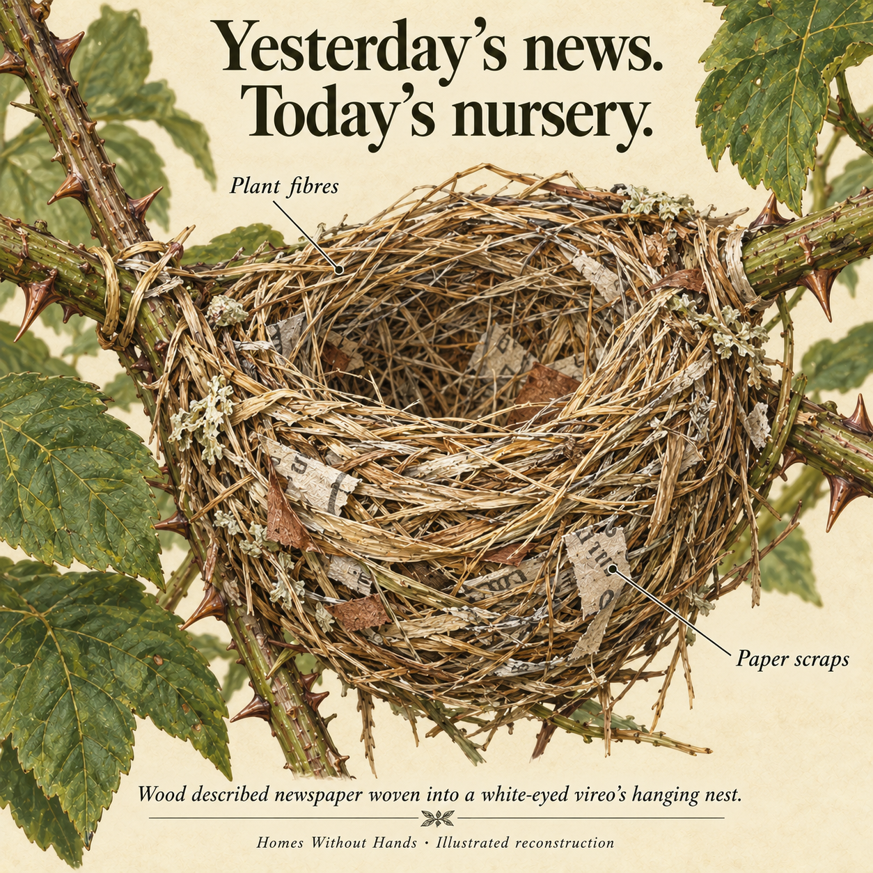 Illustrated close-up of a hanging cup nest showing small newspaper fragments among plant fibres.