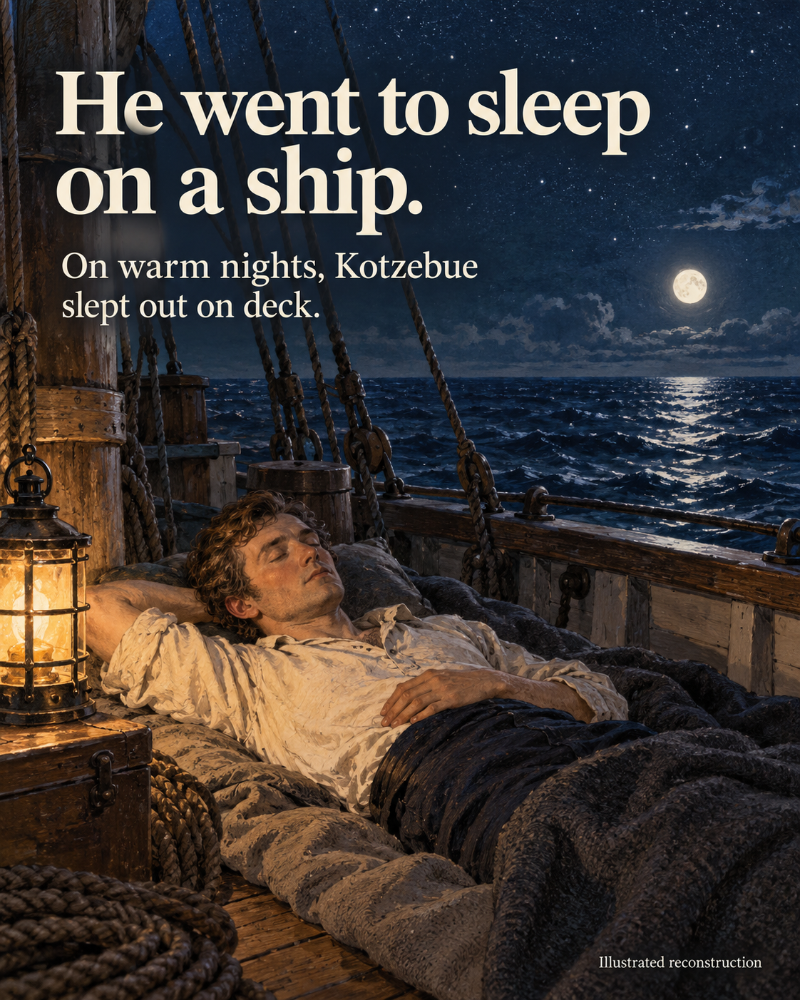 He went to sleep on a ship.
On warm nights, Kotzebue slept out on deck.