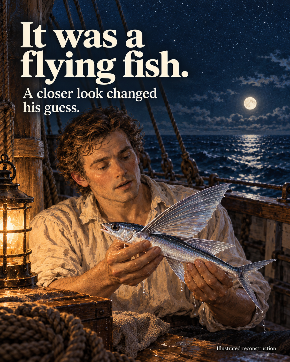 It was a flying fish.
A closer look changed his guess.