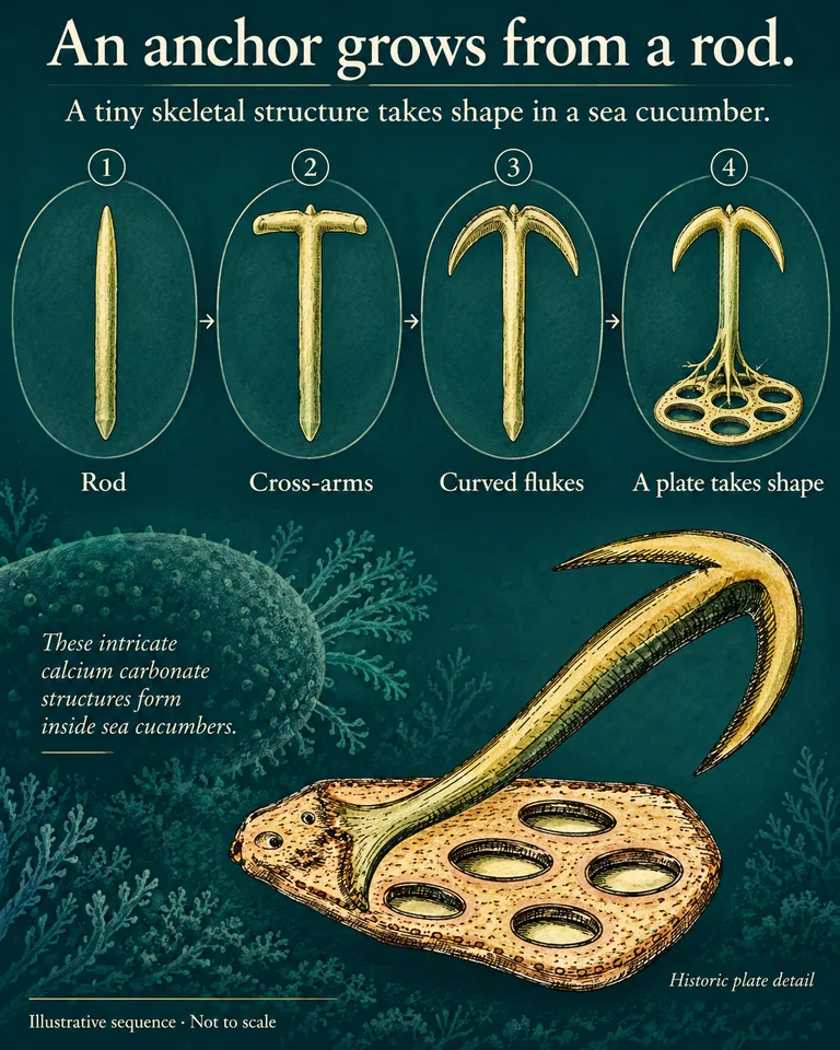 Four large stages showing a rod, a T-shaped mineral structure, curved anchor flukes, and a branching plate network, ending with a remastered historic anchor-and-plate inset.