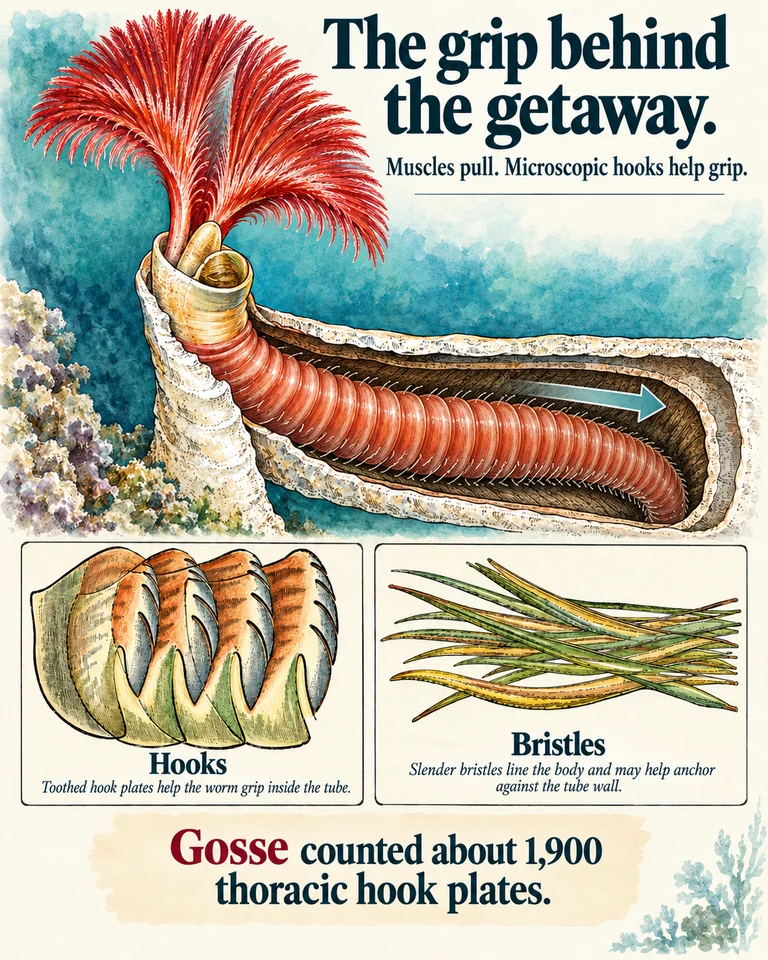 Serpula with red feeding crown above a calcareous tube, a schematic body cutaway, and source-image insets of microscopic hooks and bristles.
