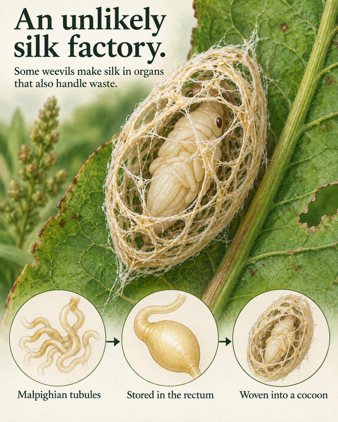 An open-mesh weevil cocoon with a pupa visible inside, accompanied by a schematic sequence showing silk production in Malpighian tubules, storage in the rectum and weaving into a cocoon.