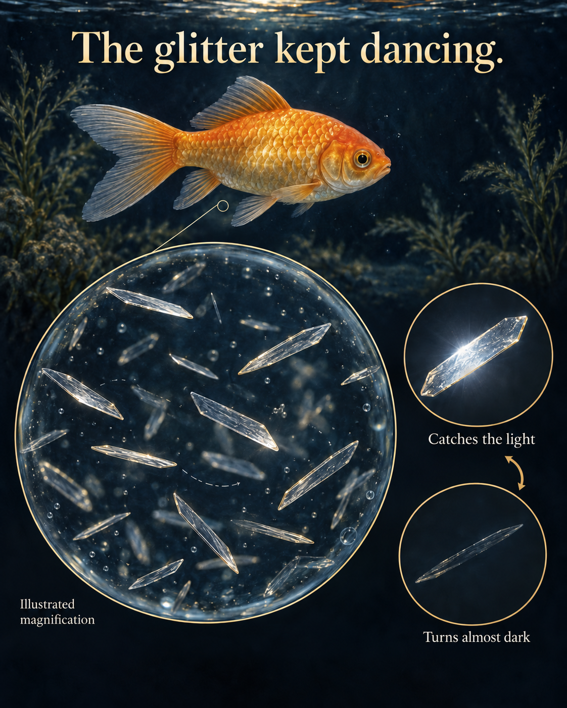 An explanatory illustration of a goldfish beside a magnified water drop containing thin reflective crystal plates. Insets show the same plate turned toward and away from the light, appearing bright and dark.
