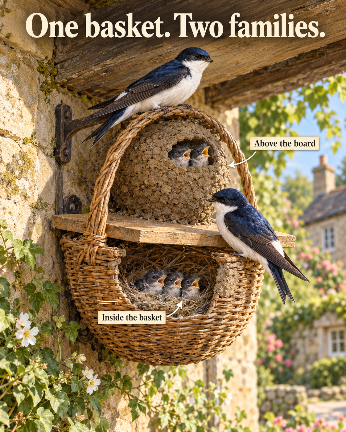 Historical reconstruction of a wicker basket under house eaves. A board divides a nest inside the basket from a second clay nest built above it within the arch of the basket handle.