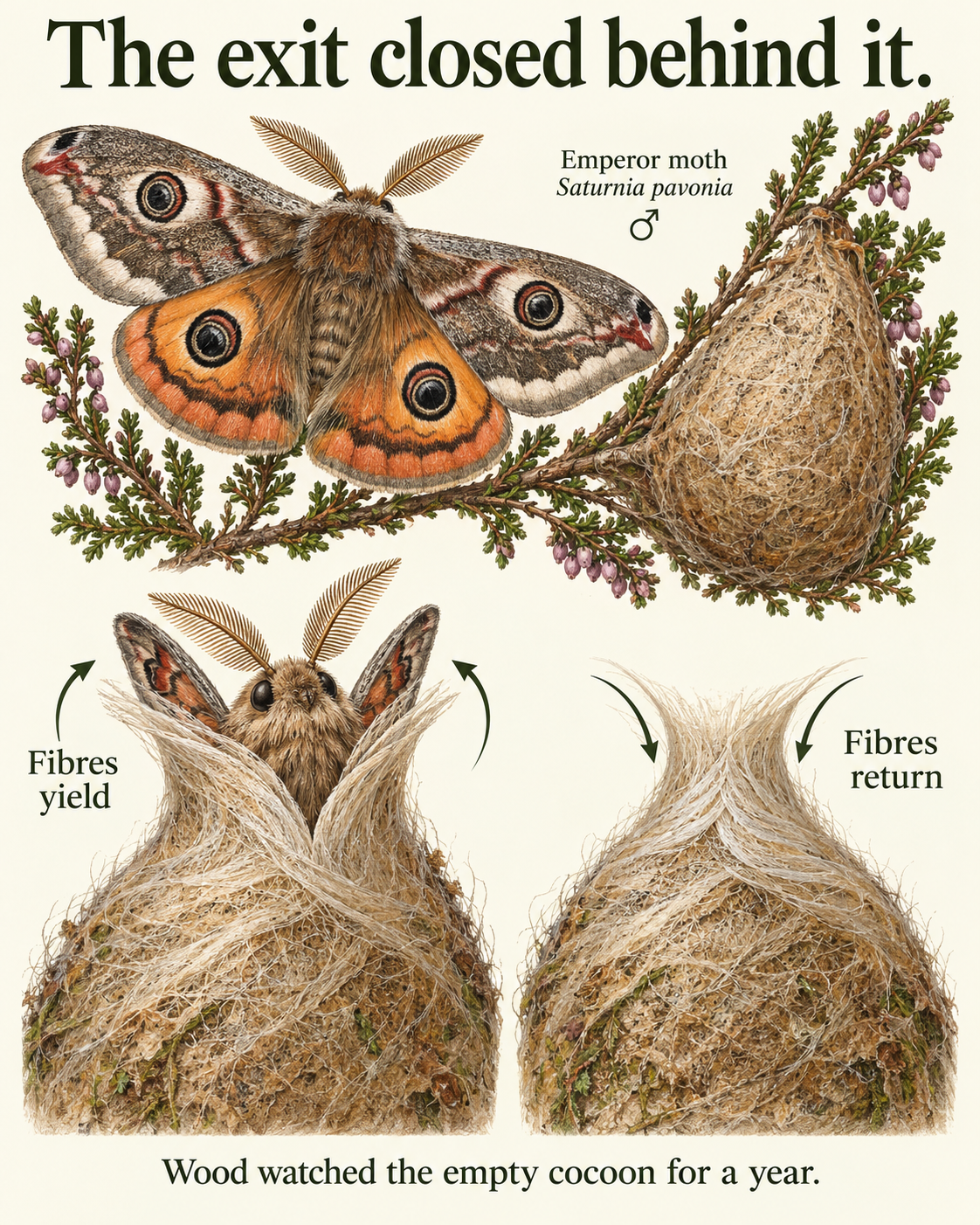 Illustrated small emperor moth above a flask-shaped cocoon. Two schematic close-ups show inward-crossing fibres yielding as the moth leaves, then returning to conceal the exit.
