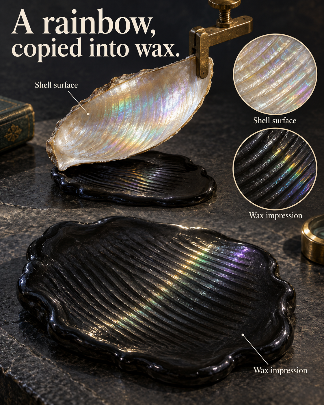 Illustrated reconstruction of a mother-of-pearl surface lifted from black wax, leaving a grooved impression with a rainbow sheen. Enlarged diagrams compare surface grooves and reflected light.