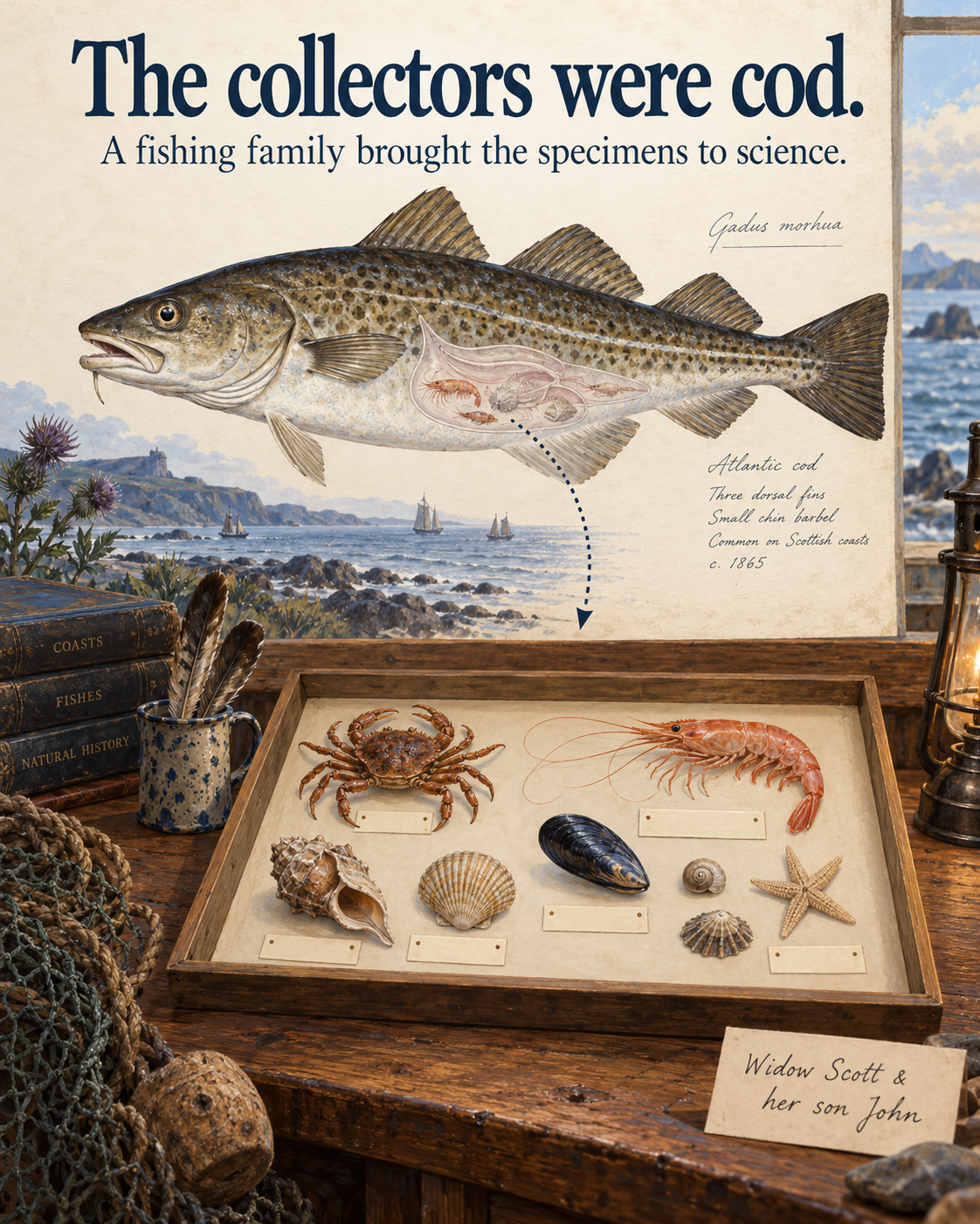 A natural-history illustration of a cod with a schematic translucent stomach and a dotted connection to a tray of crustaceans and shells, recalling specimens collected through Widow Scott and her son John.