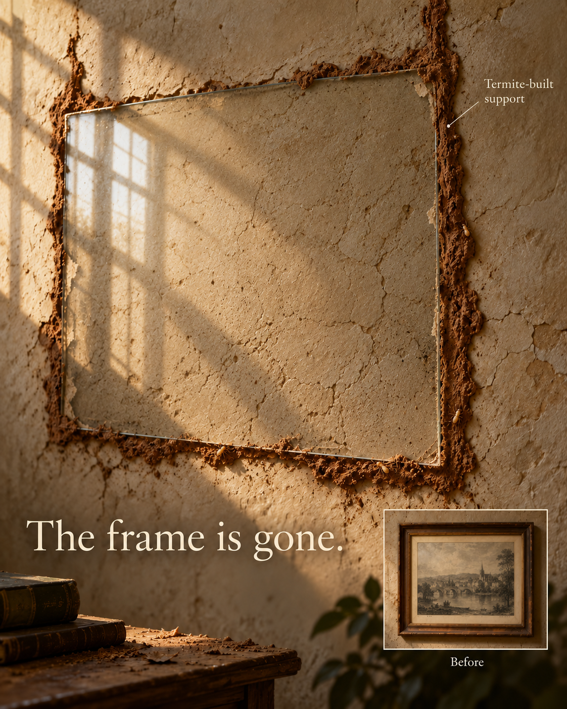 Illustrated reconstruction: a glass pane stays on a wall after termites consume its wooden frame and most of its paper. Earthy galleries connect the pane to the wall; an inset shows the intact frame before the damage.