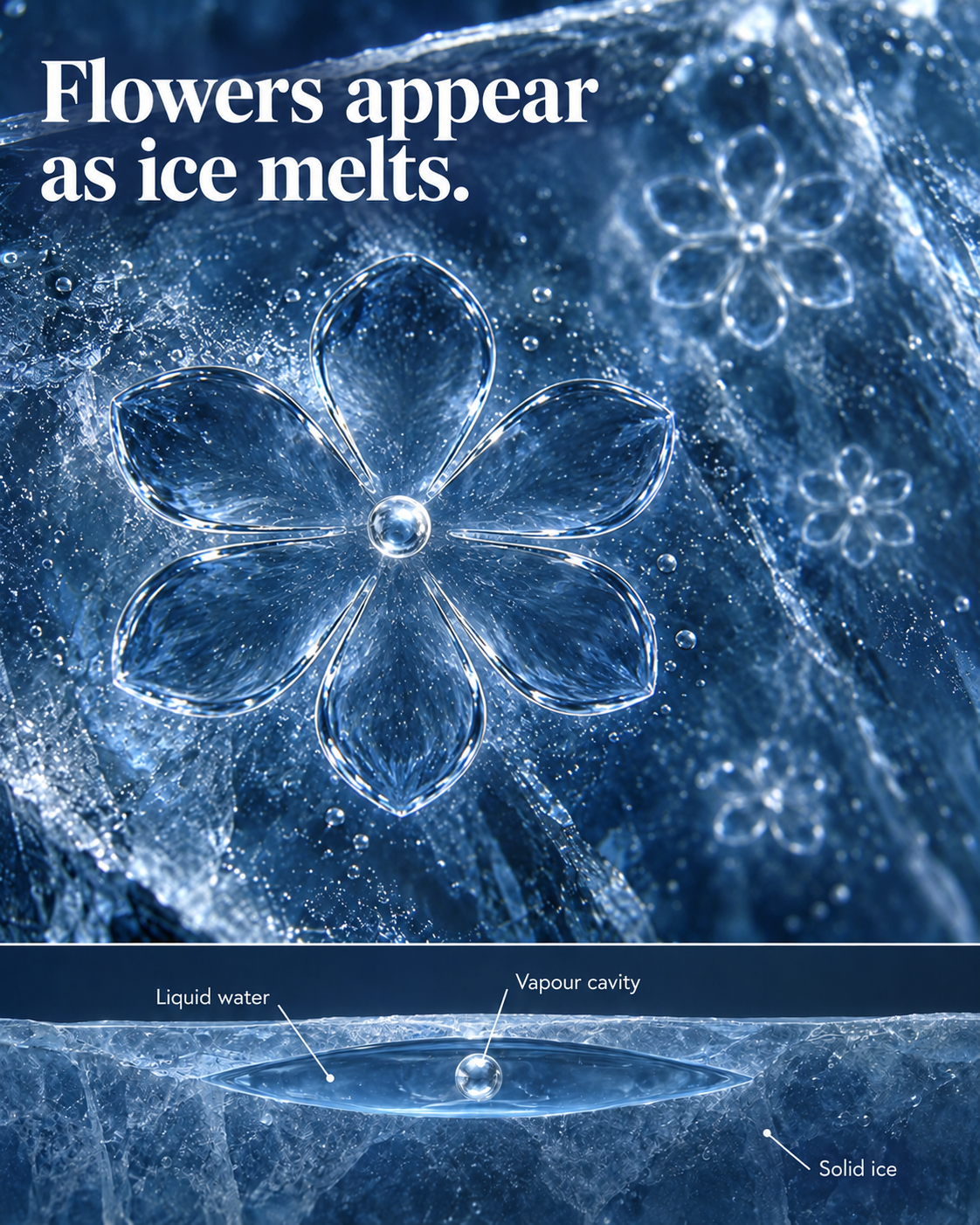 A schematic six-petalled pocket of meltwater inside transparent ice. A side-section labels the liquid pocket and small central vapour cavity, with other six-fold melting figures in the background.