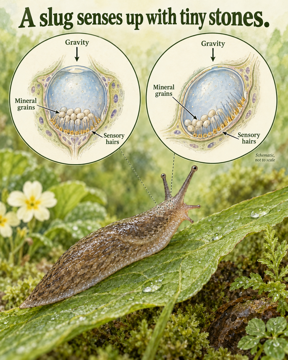A slug beside two enlarged schematic balance organs. Mineral grains press on sensory hairs under gravity; the second panel shows how a tilted organ changes the contact pattern.