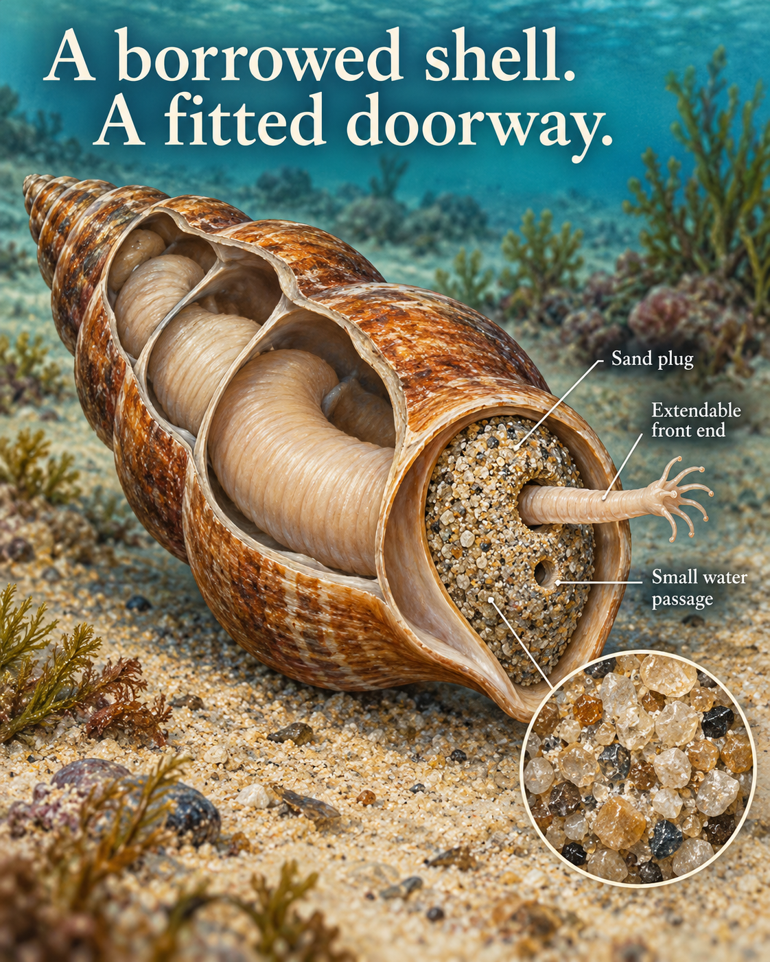Schematic cutaway of a spiral snail shell occupied by a peanut worm. A sand plug closes most of the shell entrance, with a main opening for the slender front end and a smaller water passage.