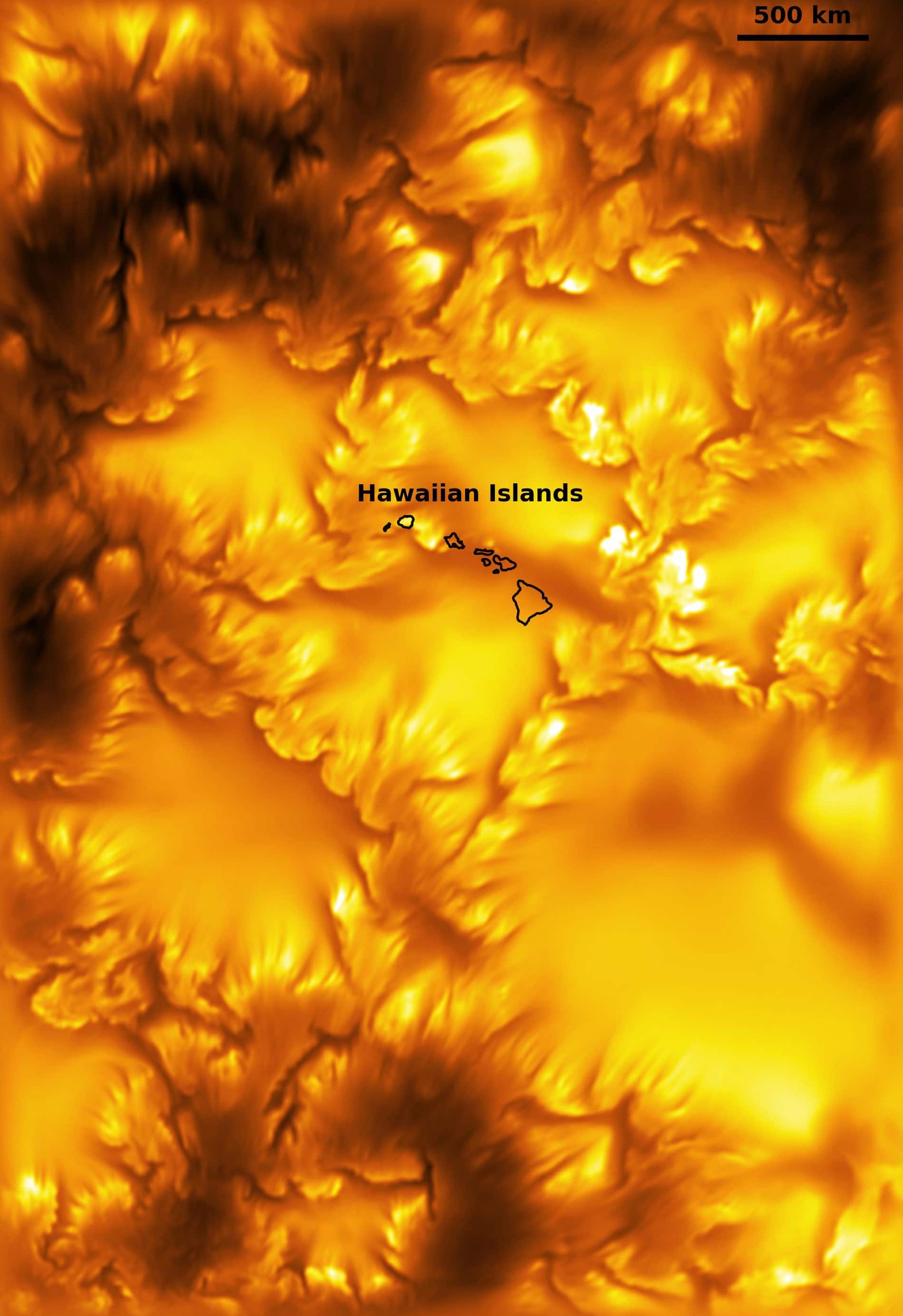 The Hawaiian Islands overlaid to scale on a telescope image of the solar surface