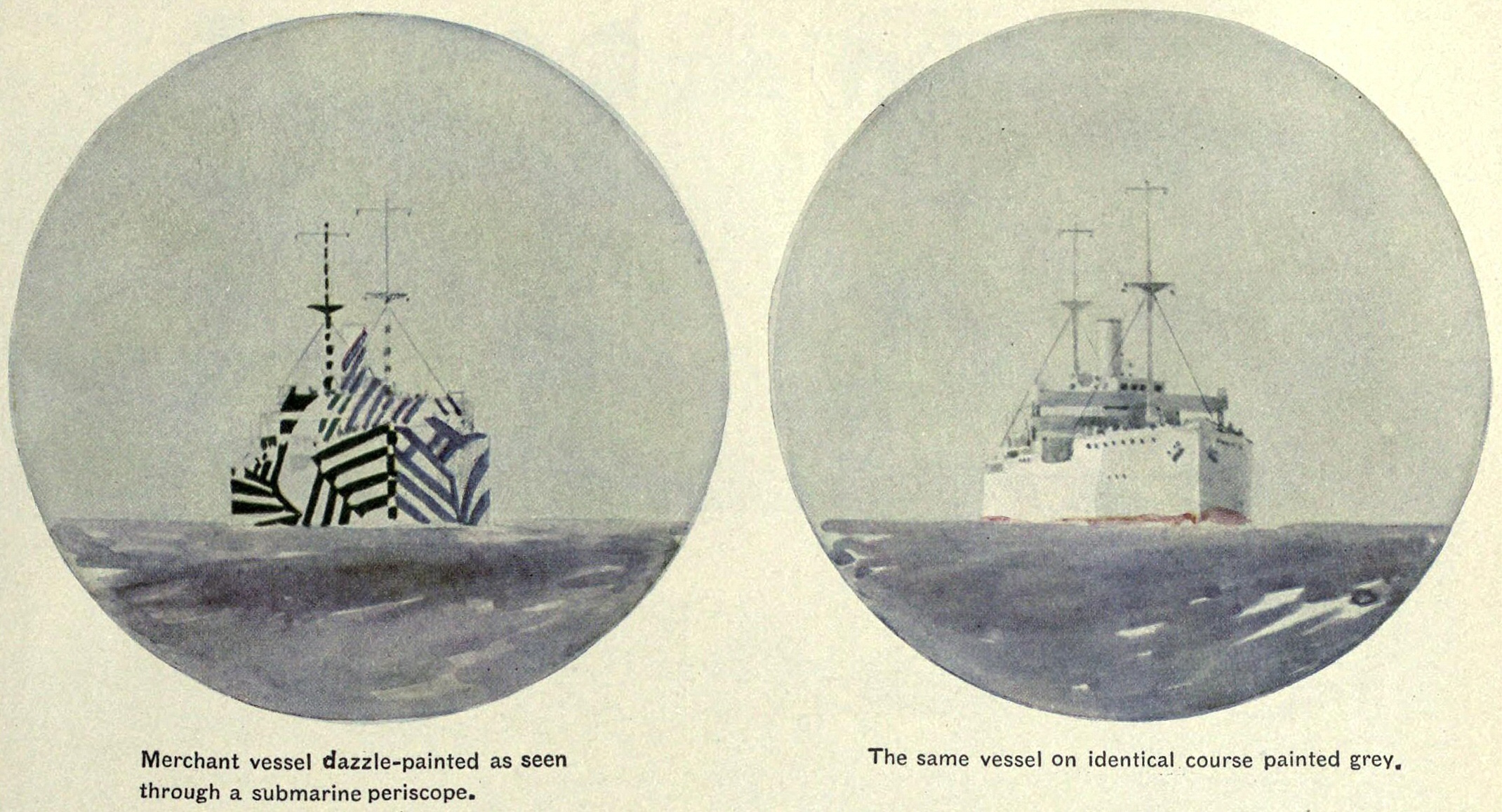 A 1922 illustration compares a dazzle-painted ship and a grey ship through a periscope