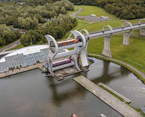 Aerial view of the Falkirk Wheel and the canal aqueduct above the basin